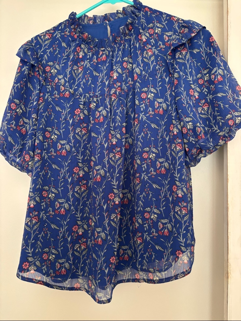 LOFT Blue Floral Ruffle-Neck Blouse with Pink Accents